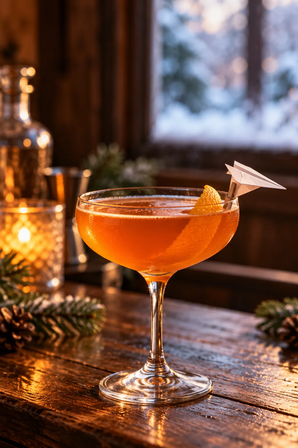 Winter Cocktail: paper Plane cocktail in a coupe with a tiny paper airplane garnish