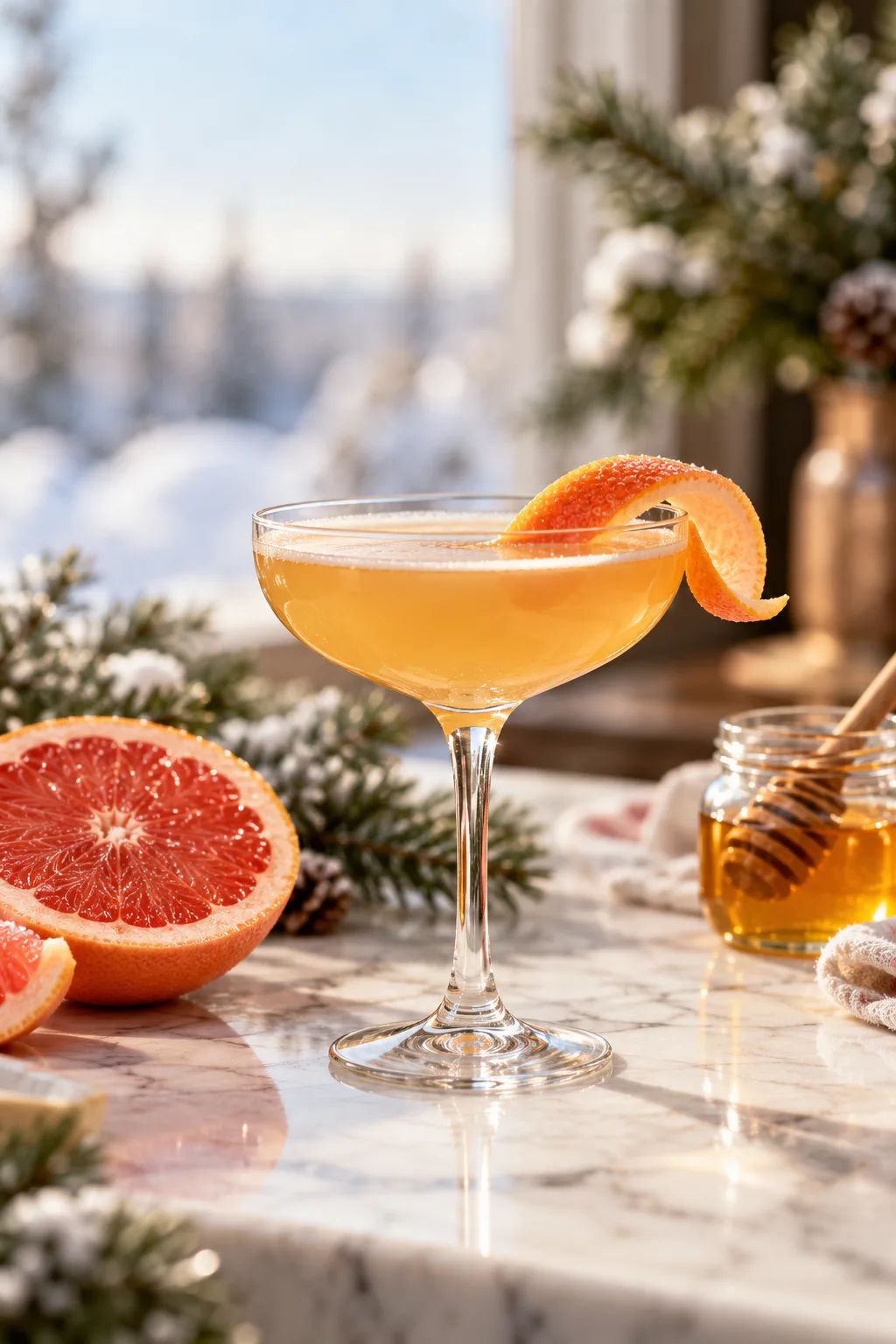 Winter Cocktail: brown Derby cocktail with grapefruit and honey in a coupe