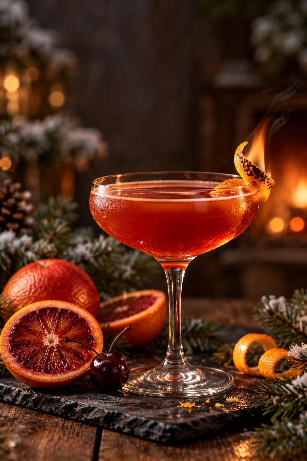 Winter Cocktail: blood and Sand Scotch cocktail in a coupe with an orange peel