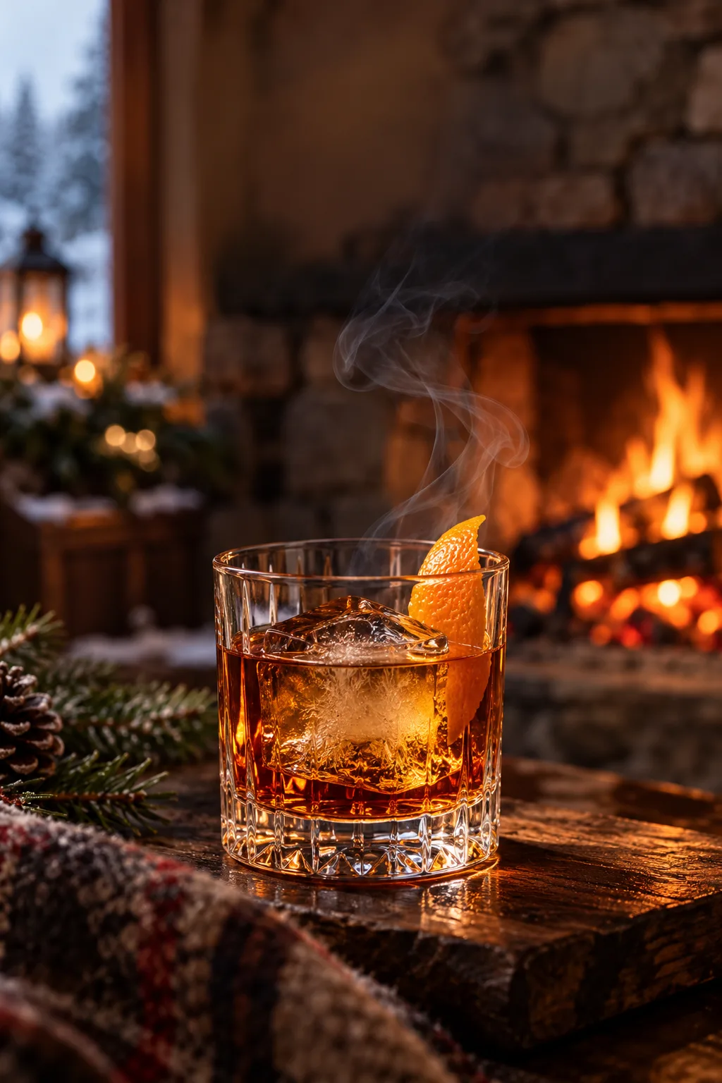 Winter Cocktail: smoky Scotch old fashioned with an orange peel and smoke wisps