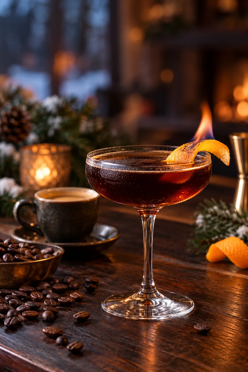 Winter Cocktail: revolver bourbon coffee cocktail in a coupe with a flamed orange peel