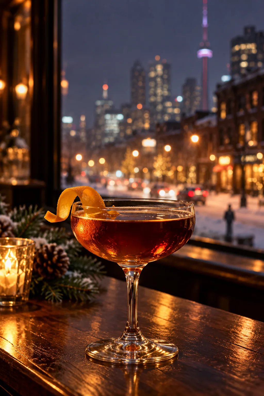 Winter Cocktail: toronto cocktail of rye and Fernet in a coupe with an orange twist