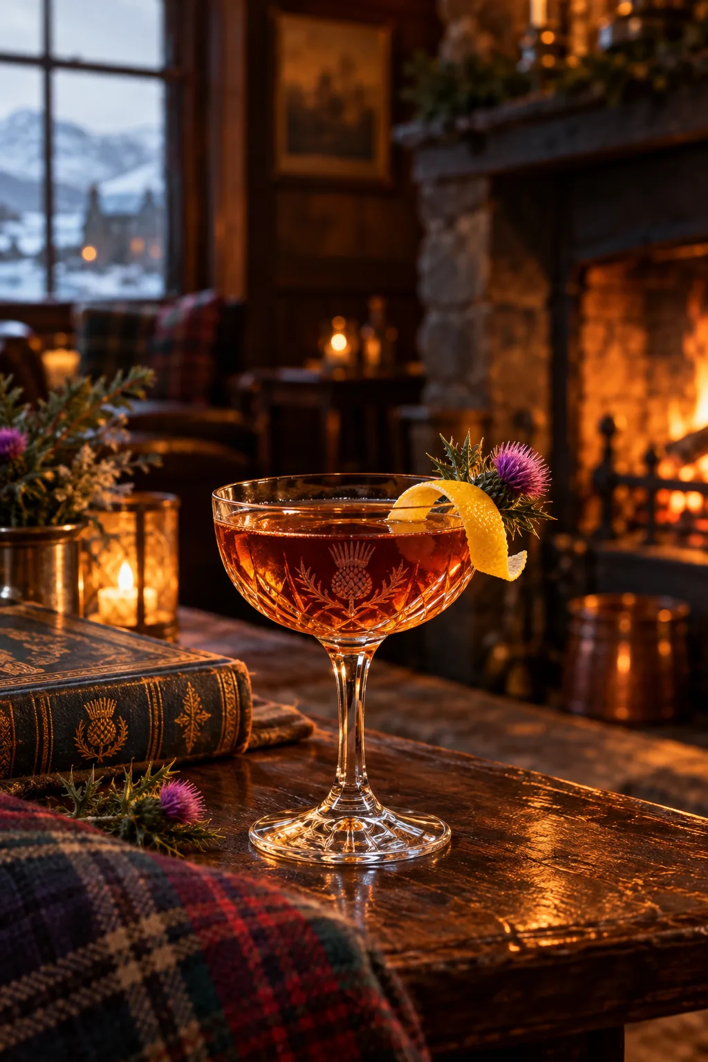 Winter Cocktail: bobby Burns Scotch cocktail in a vintage glass with a lemon twist