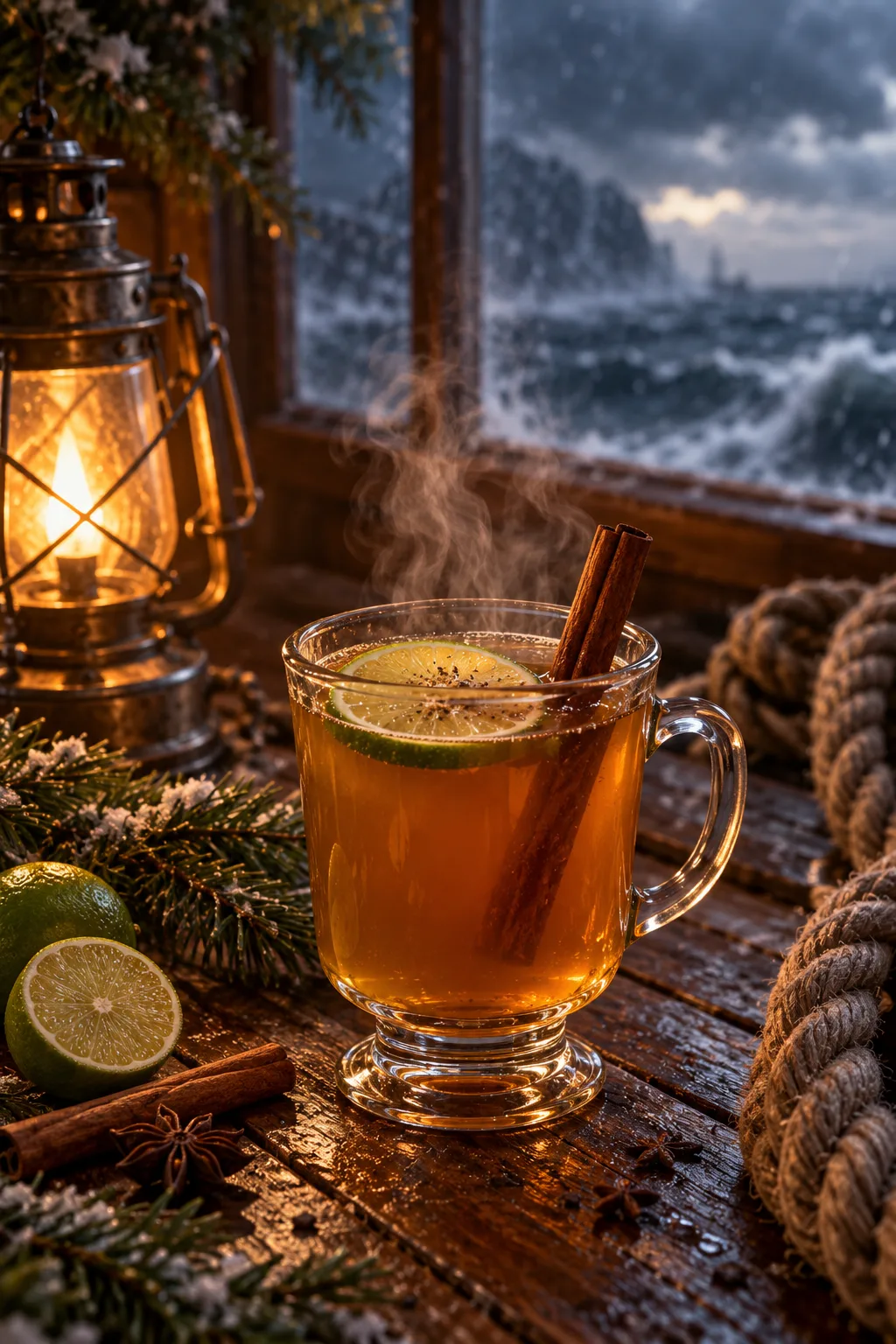 Winter Cocktail: hot rum grog in a glass mug with a lime wheel and cinnamon