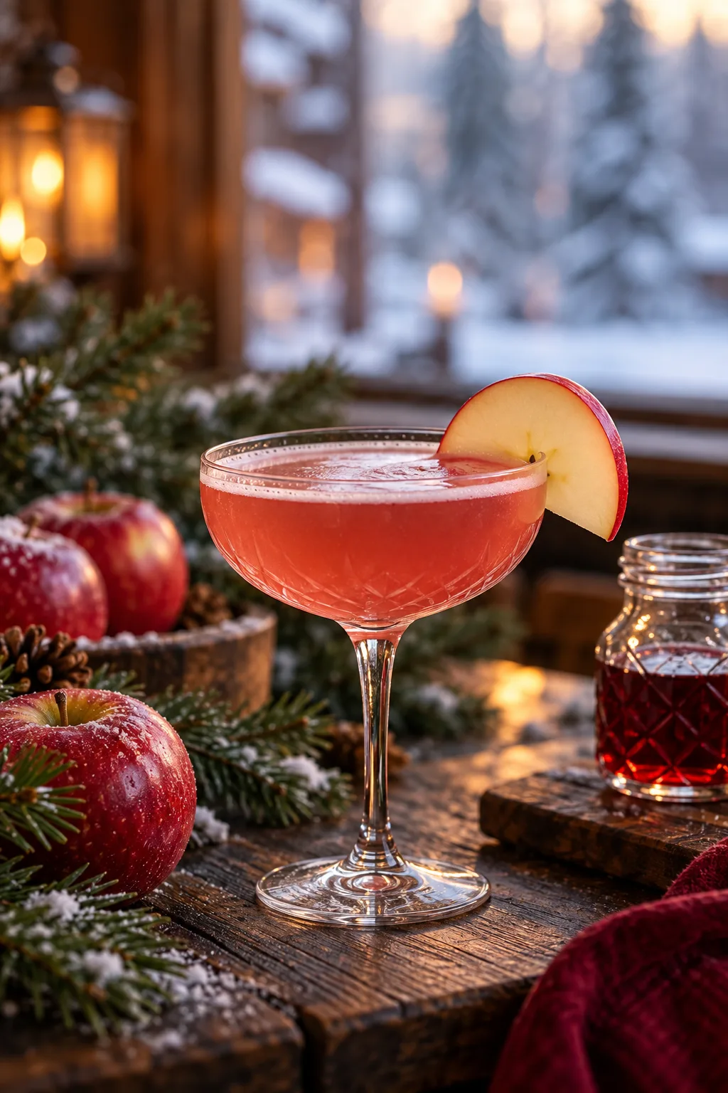 Winter Cocktail: pink Jack Rose apple brandy cocktail in a coupe with an apple slice